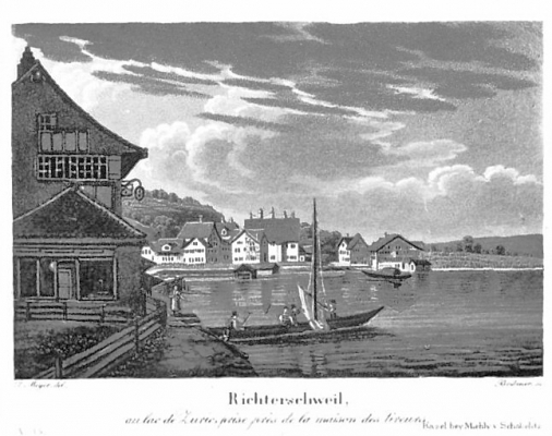 <p> Richterschweil, au lac de Zuric, prise près de la maison des tireurs  Maehly & Schabelitz Basel  A45 , 373  </p>